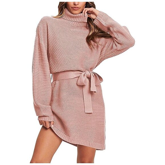 Sweaters - Women's 2024 Fall Sweater Dresses Turtleneck Batwing Pink